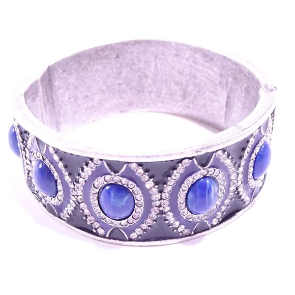 Designer Silver Onyx Enamel Lapis Blue Stone Crystal Cuff Bracelet NWOT 398 - Picture 2 of 5